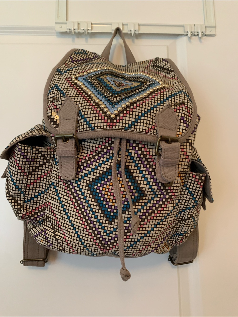 Aldo Beaded Geometric Canvas Backpack - Taupe Multicolor